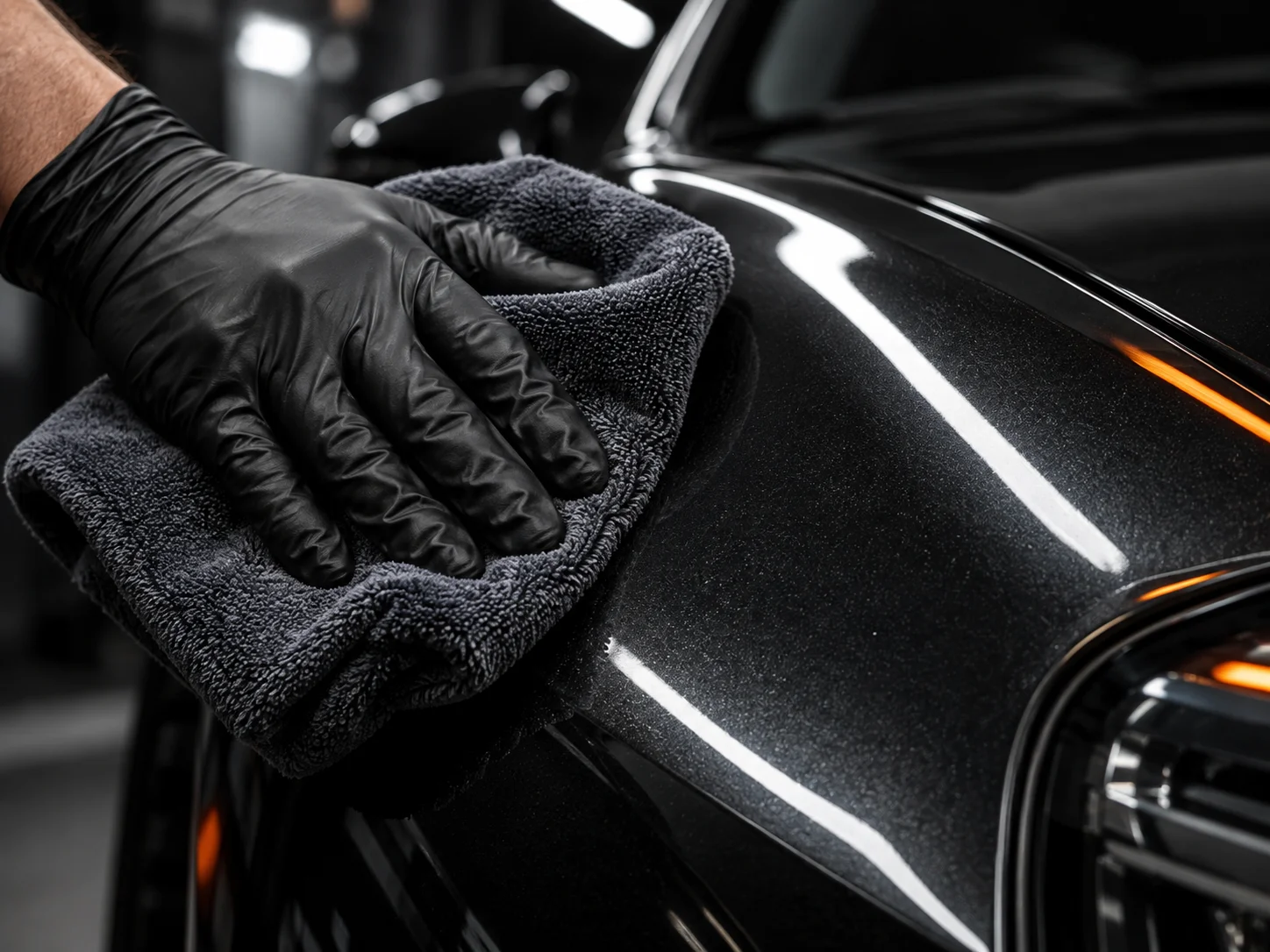 Illustrative close-up of a vehicle being detailed with a microfiber cloth