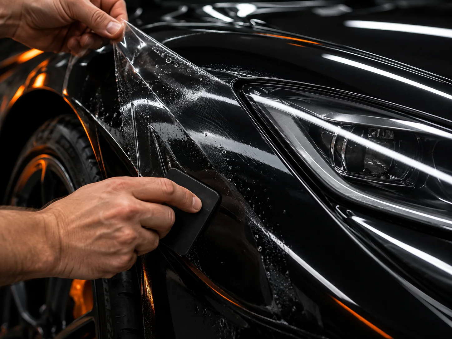 Illustrative close-up of clear paint protection film being fitted to a vehicle